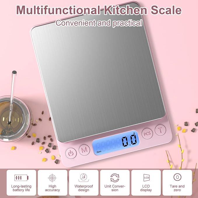 Digital Food Scale for Food Ounces and Grams，YONCON 3000g/0.1gram Accuracy Multifunctional Kitchen Scale for Cooking, Baking | Small Size for Easy Storage | Tare Function, Pink - Image 5