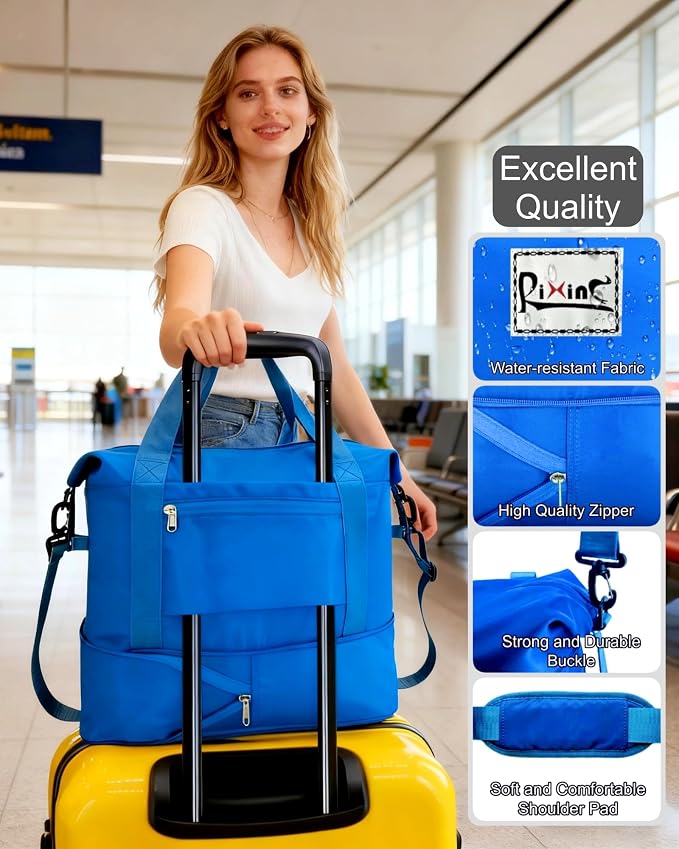 Foldable Travel Duffel Bag for Women, Blue | 40L Expandable Water-Resistant Carry on Bag, Personal Item Travel Bag Flight Approved with Wet Pocket for Gym Travel, Nylon - Image 6