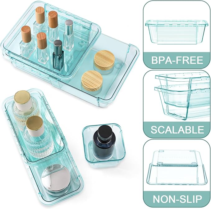 25 Pcs Clear Drawer Organizer, Adjustable Drawer Storage Box, 3-Size Desk Drawer Organizer, Acrylic Storage Bins for Makeup, Kitchen Utensils, Bedroom Dressers Tool Organizer for Gadgets, Blue - Image 3