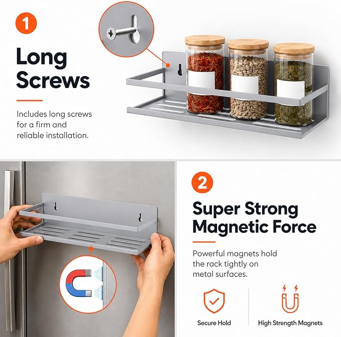 SMRCAD 4 Pack Metal Magnetic Spice Rack for Fridge – Heavy-Duty | Iron Construction, Rust-Resistant, Dust-Resistant, Fits Condiment Bottles, Includes Screws for Optional Wall Mount - Image 2