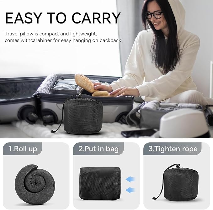 SZXYX Travel Pillows - 100% Pure Memory Foam Neck Pillow for Airplanes, Comfortable Breathable Cover, 360° Support Stowable Pillows for Sleeping, Car, Airport Travel Essentials, Pigeon Grey - Image 3