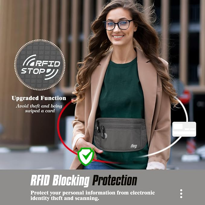 MoKo Travel Money Belt, Hidden RFID Blocking Passport Wallet, Dark Gray | Slim money belt has a hidden pocket, moisture-wicking backing, RFID-blocking material, and an adjustable elastic strap. - Image 2