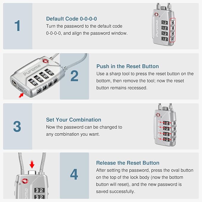 Puroma 2 Pack TSA Approved Luggage Locks 4 Digit Code Cable Lock Silver | Resettable, Flexible Cable, Zipper holes, Zinc Alloy, Bright Color, Large White Numbers, Suitcase Train Travel, laptop bag - Image 6