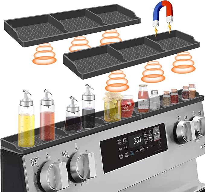 30 Inch Magnetic Spice Rack Above Stove - Silicone Shelf Organizer Suctioned to Back of Stove for Storage - Dark Grey by Hydream