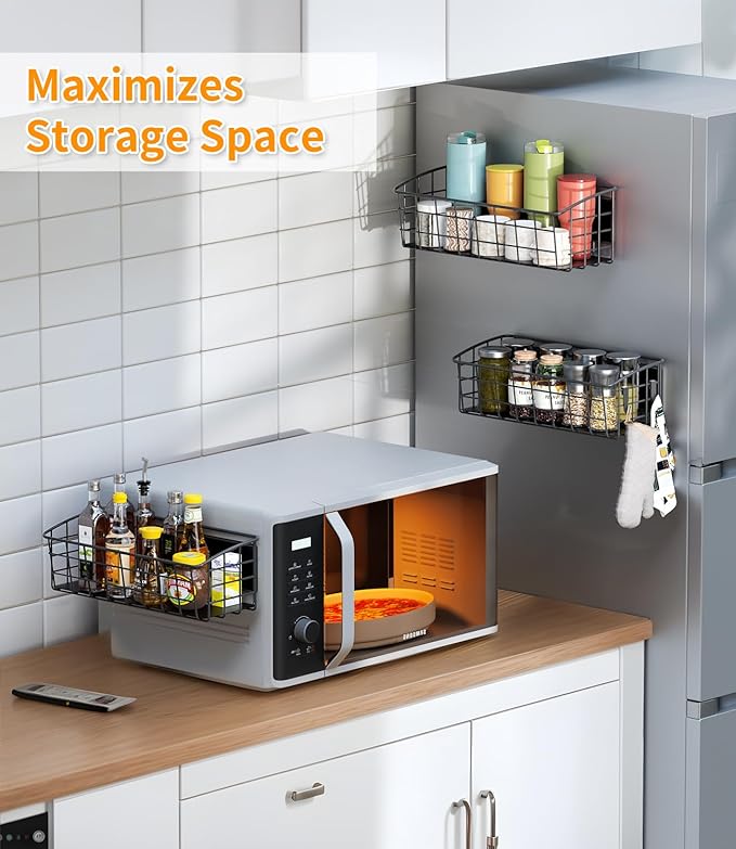 2Pack Magnetic Shelf for Refrigerator with Removable Hooks(Black) | Strong Magnetic Spice Rack for Kitchen Storage, Fruit Potato Onion Storage Shelves, Large Magnetic Basket Organizer - Image 3