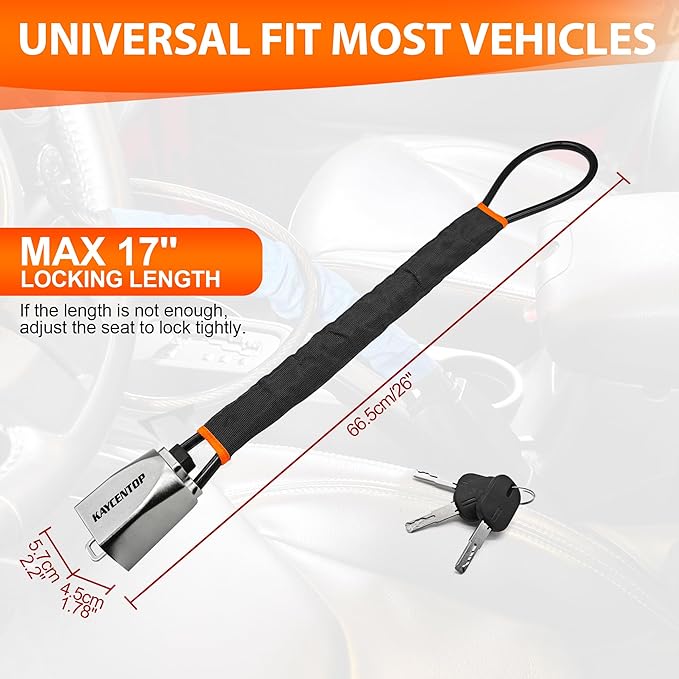 KAYCENTOP Car Steering Wheel Lock, Seat Belt Lock, Car Locks Anti-Theft Device with Aluminum Alloy Lock Housing, Max 17 Inch Length, High Visibility and Light-Weight, Universal Fit, 3Keys(Black) - Image 2