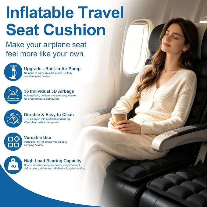 Airplane Seat Cushion for Long Flights– Inflatable & Portable Travel Cushion, Adjustable Air Cushion with Non-Skid Bottom for Coccyx & Wheelchair Relief, No External Pump Needed - Image 2