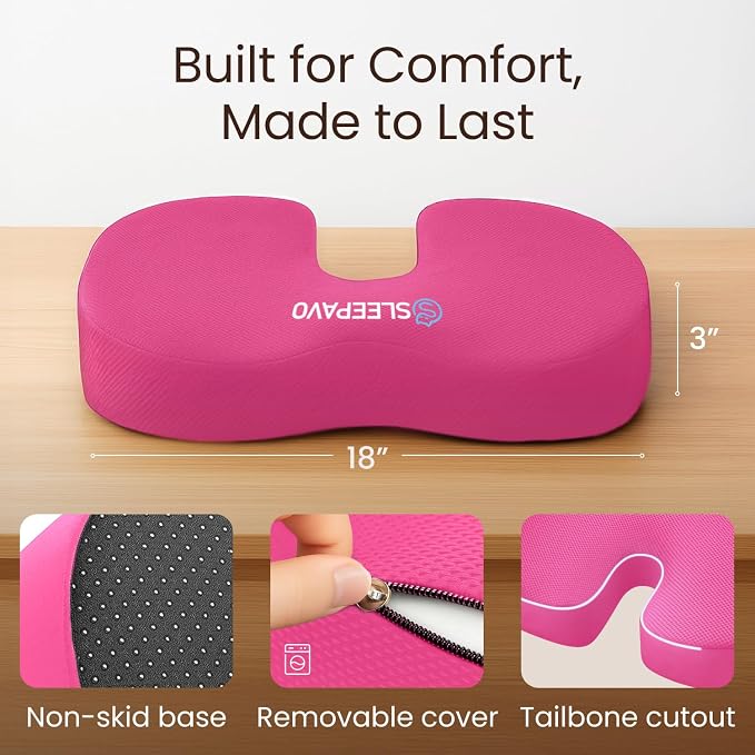 Office Chair Cushion - Seat Cushion for Tailbone Pain Relief - Butt Pillow for Coccyx, Sciatica, and Lower Back Pain - Orthopedic Chair Pad for Lumbar Support in Office Desk (Pink) - Image 3