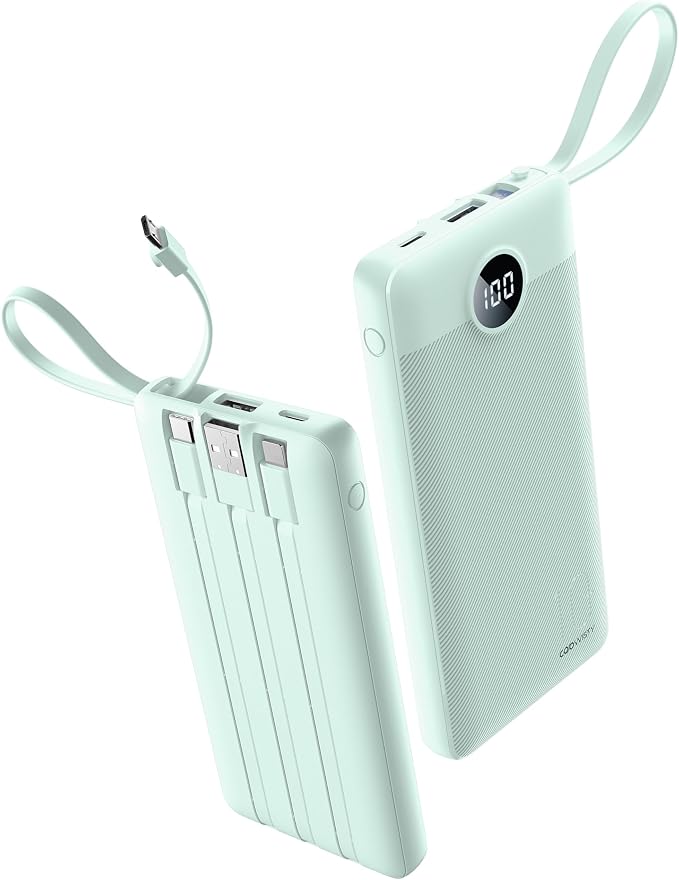 Portable Chargers 10000mAh, Slim Travel Essentials Power Bank, 5 Outputs 2 Inputs LED Display External Battery Pack with Built-in Cables Compatible with iPhone/Android & More (Teal) by KeepYourLifeCharged%EF%BC%81