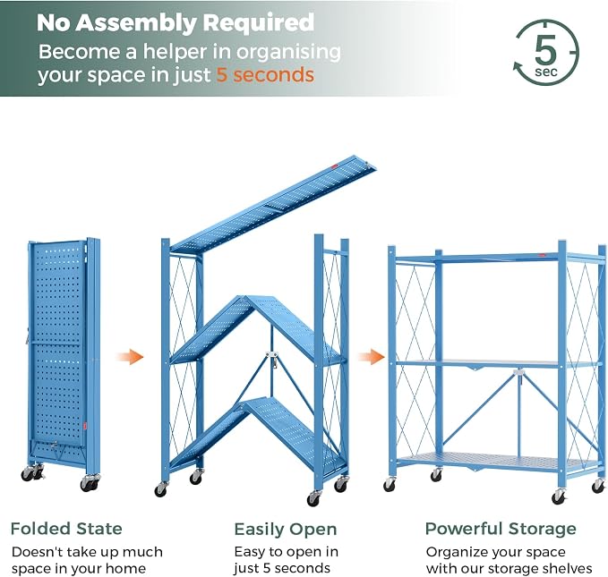 DEANIC 3 Tier Foldable Storage Shelves with Wheels, Kitchen Appliance Stand, Freestanding Metal Wire Shelf Rack, No Assembly Organizer Rolling Cart for Garage, Basement, Pantry(Blue Pack of 2) - Image 5