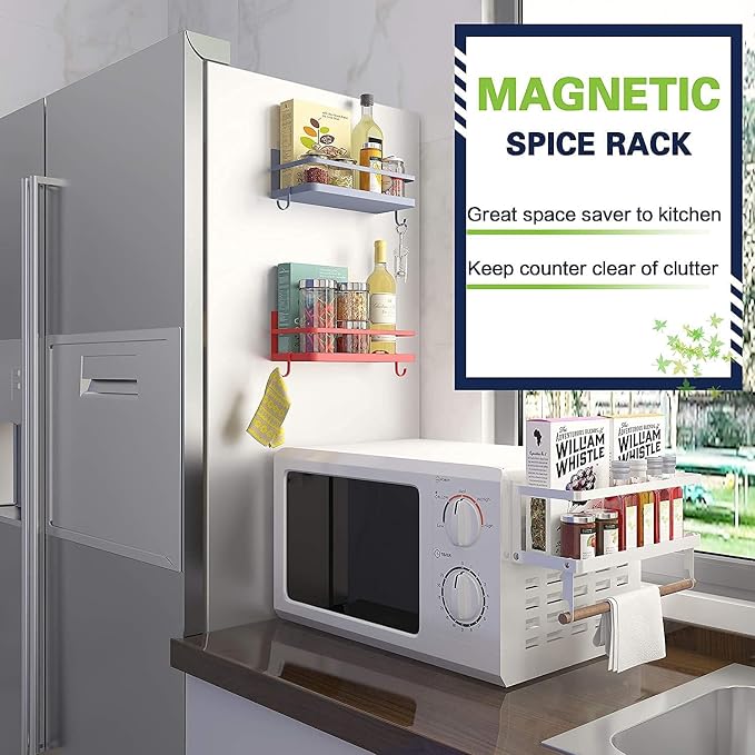 Magnetic Spice Rack Organizer Refrigerator Spice Storage Shelf（Red 2 pack with hook） - Image 3