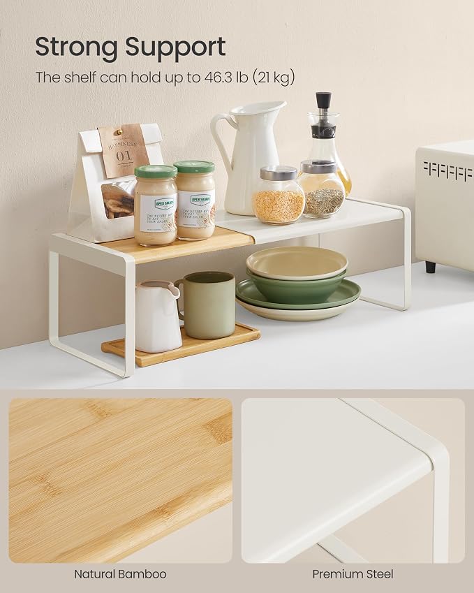 SONGMICS HOME Spice Rack, Expandable Cupboard Shelf Orgnizer,Bamboo | Kitchen Counter Shelves, Bamboo and Steel, Stackable, Cream White and Light Bamboo, BYSTRO Collection UKCS052W01 - Image 5