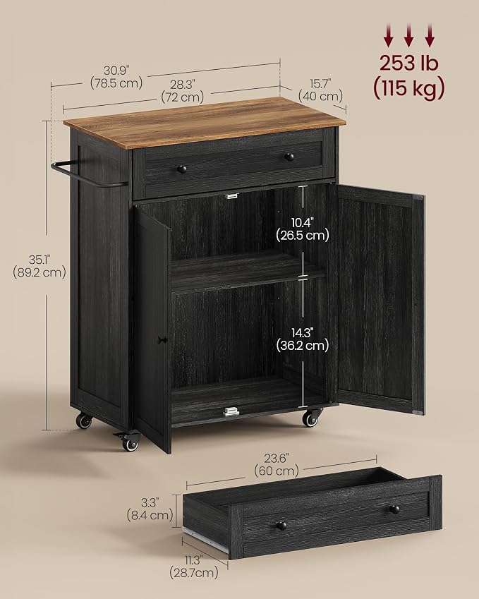 VASAGLE Mobile Kitchen Island with Storage Cabinet for Kitchen, Dining Room | Portable Mobile Cart on Wheels , 15.8 x 30.9 x 35.1 Inches, Black and Honey Brown, SIREN Collection UKKI009BA01S - Image 6