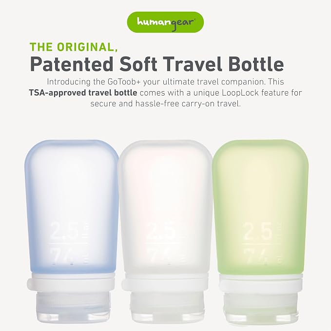 humangear GoToob+ 3-Pack, Medium (2.5 fl oz), Clear/Green/Blue | Refillable & Leak-Proof Silicone Travel Size Bottles with Locking Cap for Toiletries, Camping & TSA Carry-On - Image 2