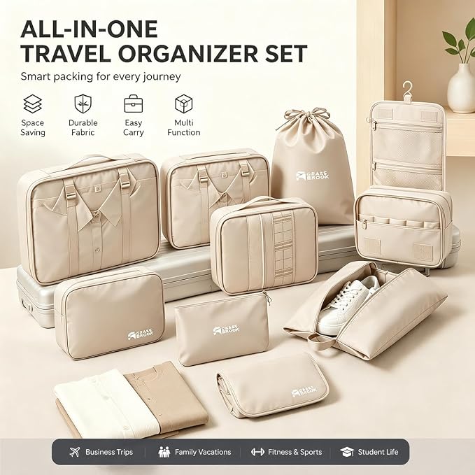 8 Set Packing Cubes for Travel Essentials With Hanging Toiletry Bag for Women, Lightweight Suitcase Organizer Bags with Mackup bag, Carry-On Luggage Accessories (Beige) - Image 3