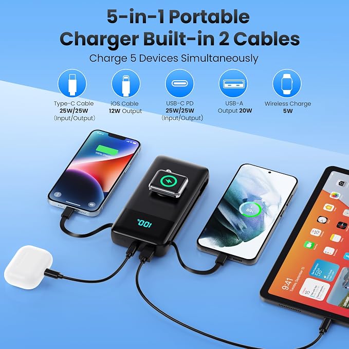 Portable Charger 40800mAh for iPhone with Built-in Cable and iWatch Charger, 25W PD Fast Charging USB C Power Bank,Travel Camping Essentials Battery Pack for iPhone 17/16/15/14/13,Android,Apple Watch - Image 2