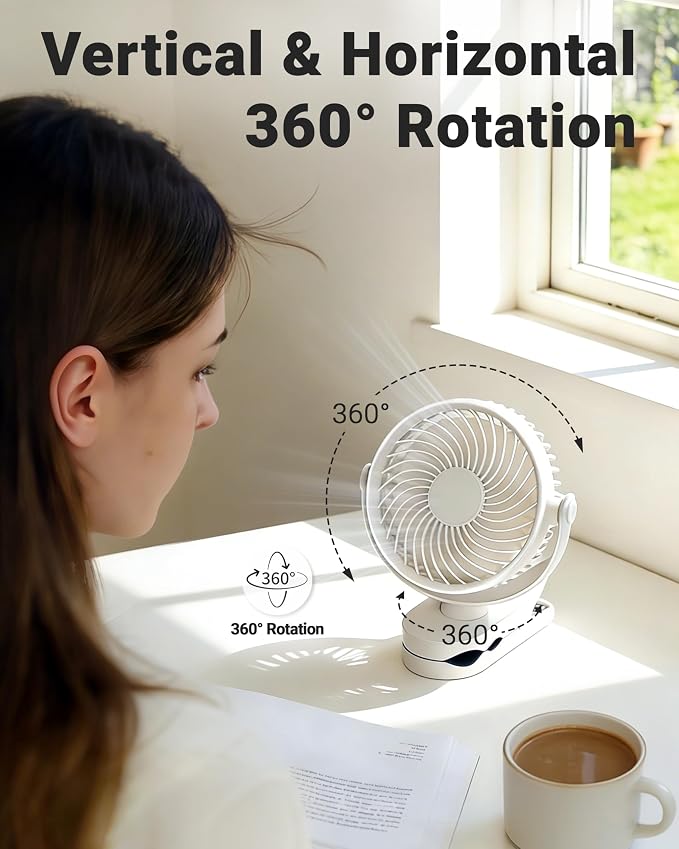 Clip On Fan, Portable Desk Fan with 4 Speeds, Rechargeable USB Fan with 8.5H Battery Life, Quiet Personal Fan for Bed, Stroller, Treadmill, Camping, Golf Cart - Image 2