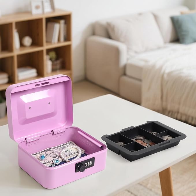 Jssmst Medium Cash Box with Combination Lock - Durable Metal Cash Box with Money Tray Light Purple,7.87 x 6.3 x 3.35 inches - Image 6