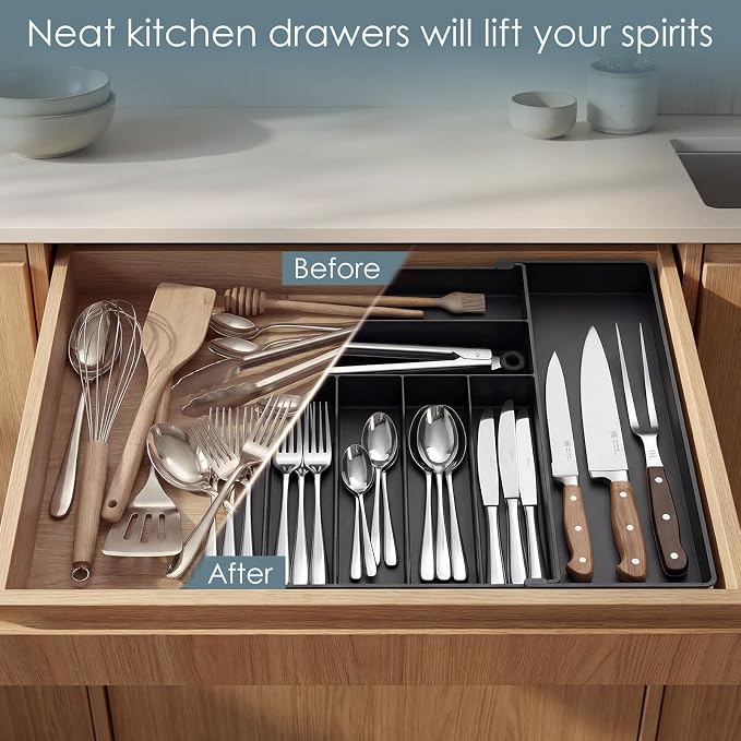 Silverware Drawer Organizer, 9 Slots Expandable Kitchen Drawer Organizer | Extra Large Utensil Holder & Cutlery Tray, Heavy Duty Stainless Steel Frame Flatware Organizer, Non-Slip Feet Included, Black - Image 4