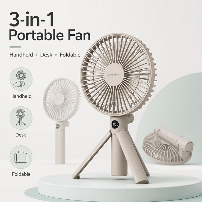 Quiet Handheld Camping Fan, Portable Fan Rechargeable, 12H Battery Life | 3000mAh battery powered hand held fan with USB-C charging, digital display, 4 speeds and quiet airflow for camping and travel - Image 3