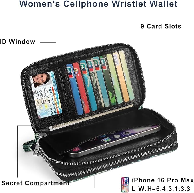 RFID Blocking Cellphone Wallet for Women with Wrist Strap, Double Zipper Travel Clutch Purse Large Capacity, Palm Leaf - Image 3
