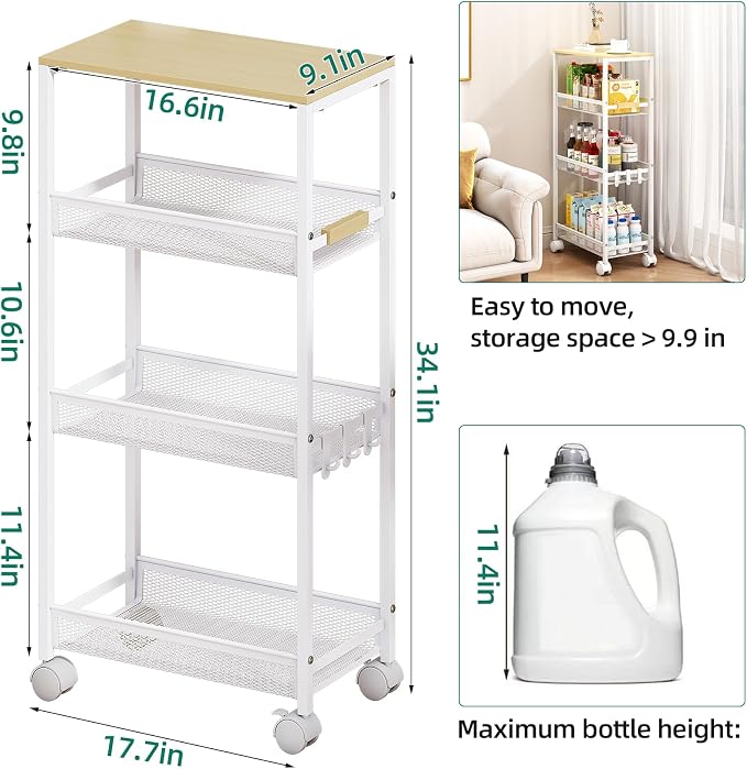 4-Tier Slim Utility Rolling Laundry Cart with Wheels, Easy to Assemble | 9.1" Wide for Narrow Spaces, Wood Top with Metal Frame, Mobile Storage Shelves for Bathroom, Kitchen, Office - Image 2