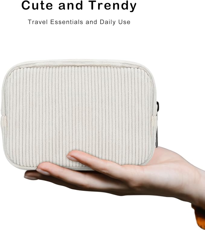 E-Tree Cute Small Makeup Bag,Cosmetic Toiletry Make up Little Items Pouch for Purse,Zipper Mini Tech Charger Cable Electronic Organizer Case,Travel Accessories for Women Men Teen,White Corduroy - Image 3