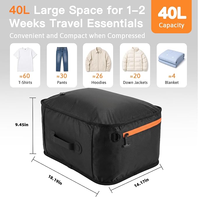 Travel Vacuum Bags With Pump, 2 Pack 40L Compression Kit for Clothes | IPX8 Waterproof; 3-5 Minute Compression; USB-C Cordless Pump; Up To 60-Minute Runtime; Saves Up To 60% Space; Airtight Seal - Image 2