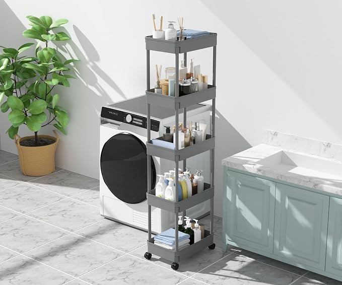 Sooyee 5-Tier Plastic Rolling Utility Cart with Wheels, Grey | Multi-Functional Storage Trolley for Office, Living Room, Kitchen, Movable Storage Organizer with Wheels - Image 4