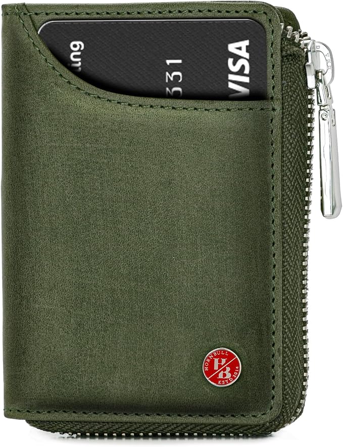 HORNBULL Steve RFID Blocking Leather Wallet for Men | Vertical Credit Debit Card Holder, Zip Around Wallet (Olive Card Holder) by Hornbull