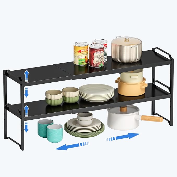 Metal Storage Shelves For Kitchen Pantry, Cabinet Shelf Organizer, Adjustable Height, Expandable Length, Stackable Design,50 LBS Load Capacity, For Dishes Spices Cans Plates Cans Bottles Cups Mugs by X-cosrack