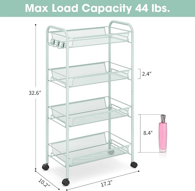 TOOLF 4 Tier Rolling Cart, Metal Utility Storage Cart with Wheels, Green | 3 Hooks, Screwless Assembly, Trolley Organizer for Bathroom, Kitchen, Office, Nursery, Dorm, Laundry Room - Image 6