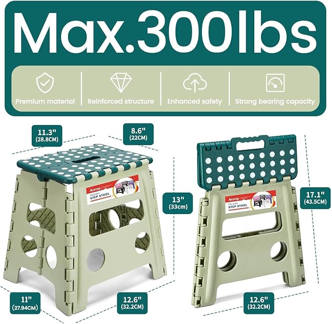 Foldable Step Stool for Adults 13 Inch, 300 lbs, Green | Lightweight Stepping Stool with Handle and Non-Slip Surface, for Reaching Kitchen Cabinets, Bathroom Shelves and Closets - Image 3
