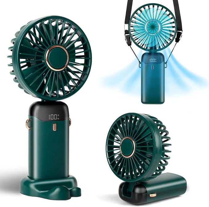 Portable Handheld Fan, 12 hours, Upgrade 3200mAh Mini Fan Handheld with LED Display, 90° Foldable, 5 Speed Wind,Hand Held/Neck/Desk 3 in 1 Hand Held Fans, Makeup Fans for Women (Green) by Unknown