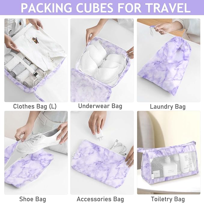 8 Set Packing Cubes for Travel, Luggage Packing Organizers Accessories Large Toiletries Bag for Clothes Shoes Cosmetics (8Set-Purple Marble) - Image 4