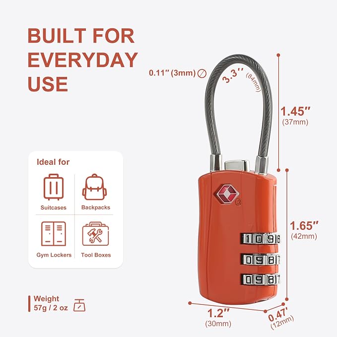 Luggage Locks TSA Approved, Small Padlock Combination, TSA Locks for Luggage, Suitcase, Travel Essentials, Combo Padlock with Cable, for Backpack, Bag, Zipper, Locker, Case, Box (2-Pack) - Image 5