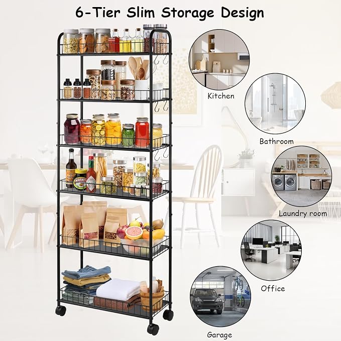 6 Tier Rolling Storage Cart on Wheels, Slim Tall Narrow Storage Shelf for Small Spaces, Metal Utility Cart Freestanding Mobile Shelving Rack with Wheels for Kitchen, Bathroom, Laundry Room - Image 6
