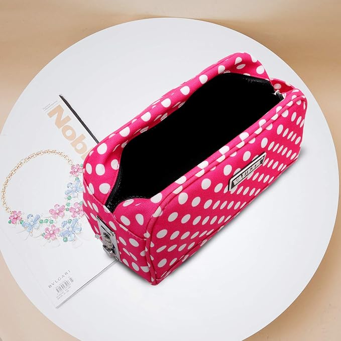 Vaultz Locking Nylon Travel Kit, 10 x 5.75 x 5 Inches, Pink/White Polka Dots (VZ03512) | Durable nylon construction with a secure key lock closure, compact size fits easily in luggage, tote bags or dresser drawers - Image 3