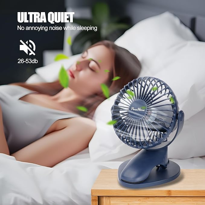 Portable Clip Fan Battery Operated,3 Speeds USB Rechargeable Mini Table Fan with Strong Airflow,360°Rotation Ultra Quiet Personal Desk Fan for Home Office Bedroom Dorm Stroller Camping - DeepBlue - Image 5