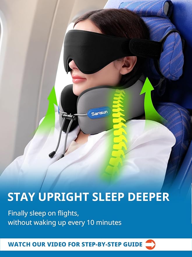 SARISUN Travel Neck Pillow for Airplane, Combo 3D Eye Mask and Seat Strap | 360°Airplane Sleep Support,Premium Memory Foam,Adjustable Buckle,Travel Essential for Long-Haul Flights,Car Road Trip Grey - Image 2