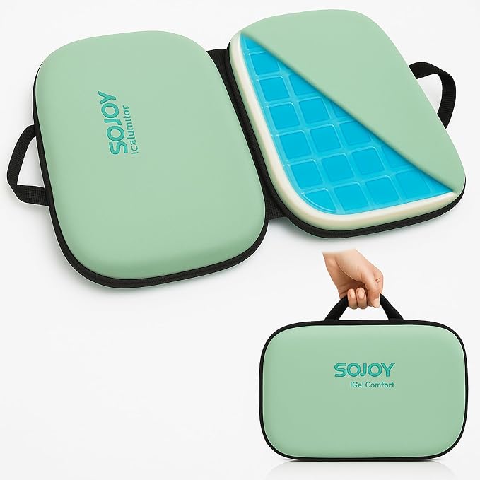 3-in-1 Foldable Gel Seat Cushion with Memory Foam Ergonomic Portable Cushion for Back Pain & Tailbone Relief - Perfect for Office Chair, Airplane Travel & Stadium Seats (18.5" x 15" x 2" Green) by Sojoy