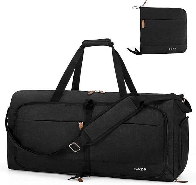 Lekesky Foldable Travel Duffle Bag for Women, 60L Large Duffel Bag with Separate Shoes Compartments & Straps, Carry On Weekend Bag for Women, Hospital, Overnight (Black) by LEKESKY