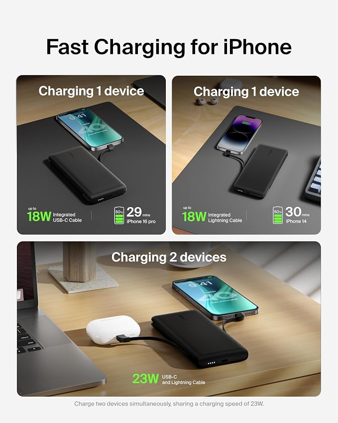 Belkin 10K 23W Portable Charger Power Bank, Integrated USB C and LTG Cables | Fast Charging, iPhone 17, Samsung Galaxy, Pixel, Airpods, iPad, Battery Pack, USB C Port, USB C Cable, Lightning Cable - Image 7