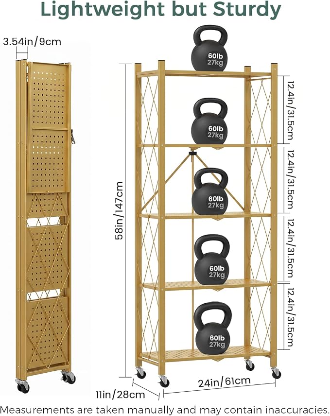 DEANIC 5-Shelf Folding Bookcase with Wheels, Rolling Bookshelf Heavy Duty Storage Shelves, Freestanding Metal Wire Shelving Unit for Living Room, Office, Kitchen, Basement, Pantry (Gold) - Image 3
