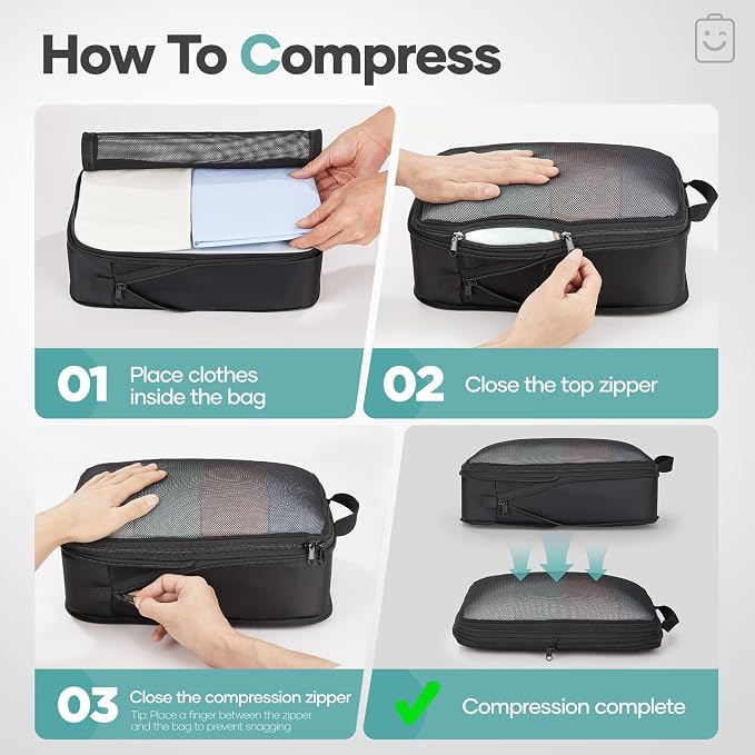 Veken 8 Set Compression Packing Cubes Garment Bags for Travel Essentials,Compressible Expandable Luggage Organizer Bags for Clothing,Space Saver Bags with Over 1000 pcs of Mesh Holes(Black) - Image 3