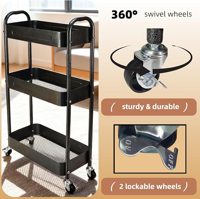 3 Tier Slim Metal Rolling Storage Cart for Laundry Room & Kitchen Organizer, 7.1'' Thin Standing Shelf for Narrow Spaces, Skinny Utility Cart with Wheels & Casters for Bathroom, Black - Image 3