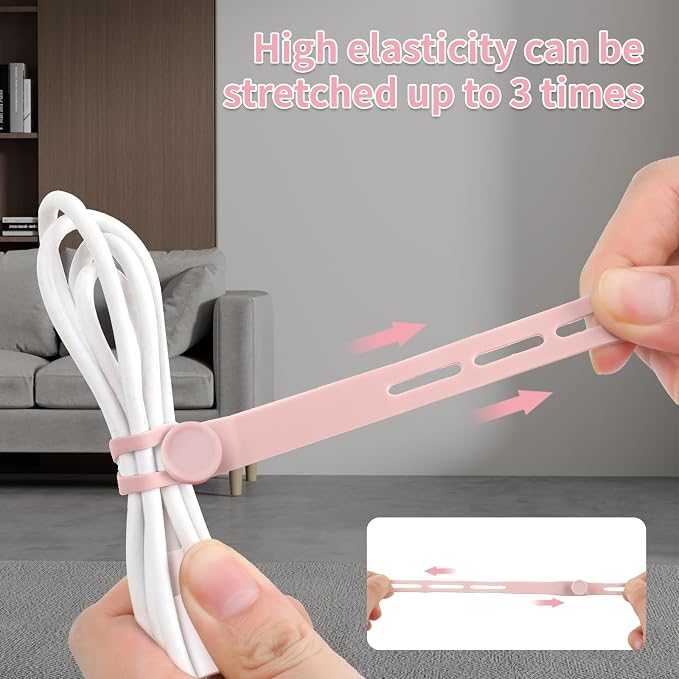 Oligei 25 Pcs Silicone Cable Ties, Cable Ties Reusable, High Elasticity Cord Wraps for Electrical Cords, Cord Organizer for Earphone, Phone Charger(Pink) - Image 3