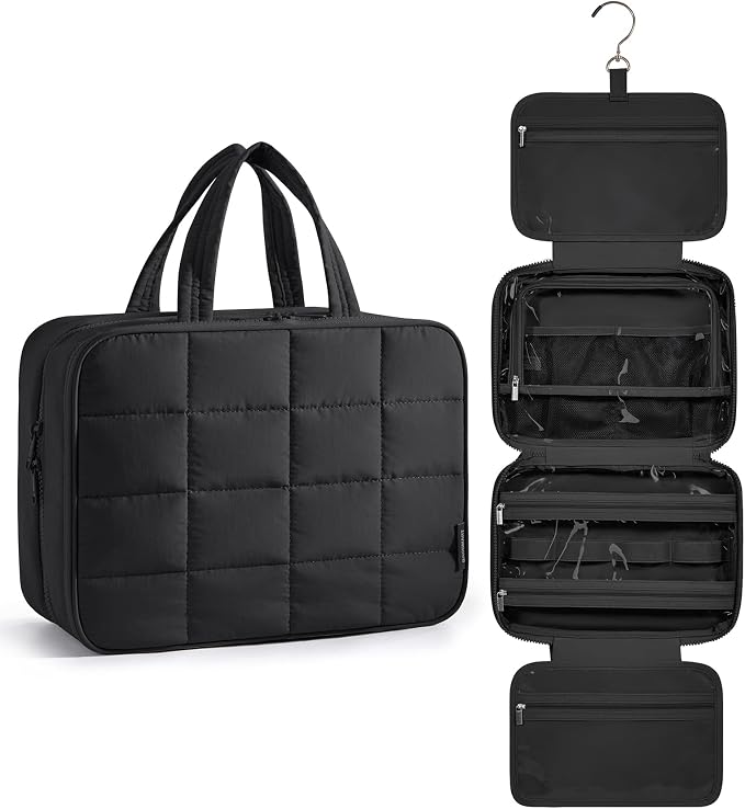 BAGSMART Travel Toiletry Bag with Jewelry Organizer, Hanging Travel Bag for Toiletries, Puffy Makeup Cosmetic Bag Organizer, Carry-on Travel Accessories Essentials, Black-L by BAGSMART