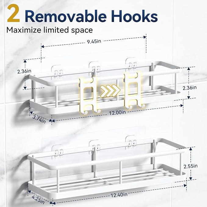 Shower Caddy Adhesive, Rustproof Shower Organizer, Large Capacity Shower Shelves for Inside Shower, No Drilling Bathroom Organizers and Storage for Home Decor （2 Pack White） - Image 7