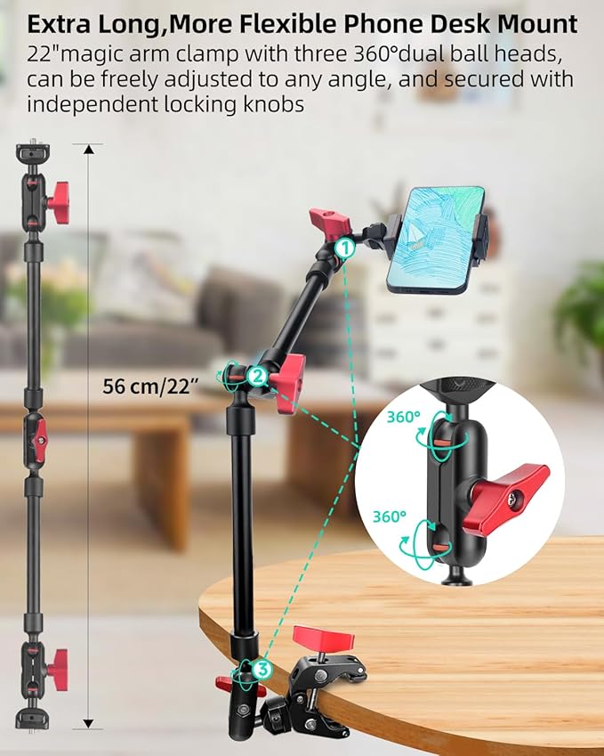 22" Magic Arm w Clamp Mount, Overhead Desk Phone Mount Stand, Adjustable Articulating Friction Camera Boom Arm w 1/4" Thread for Phone Video Light Webcam Action Camera Tripod Mic (Pack of 2) - Image 3